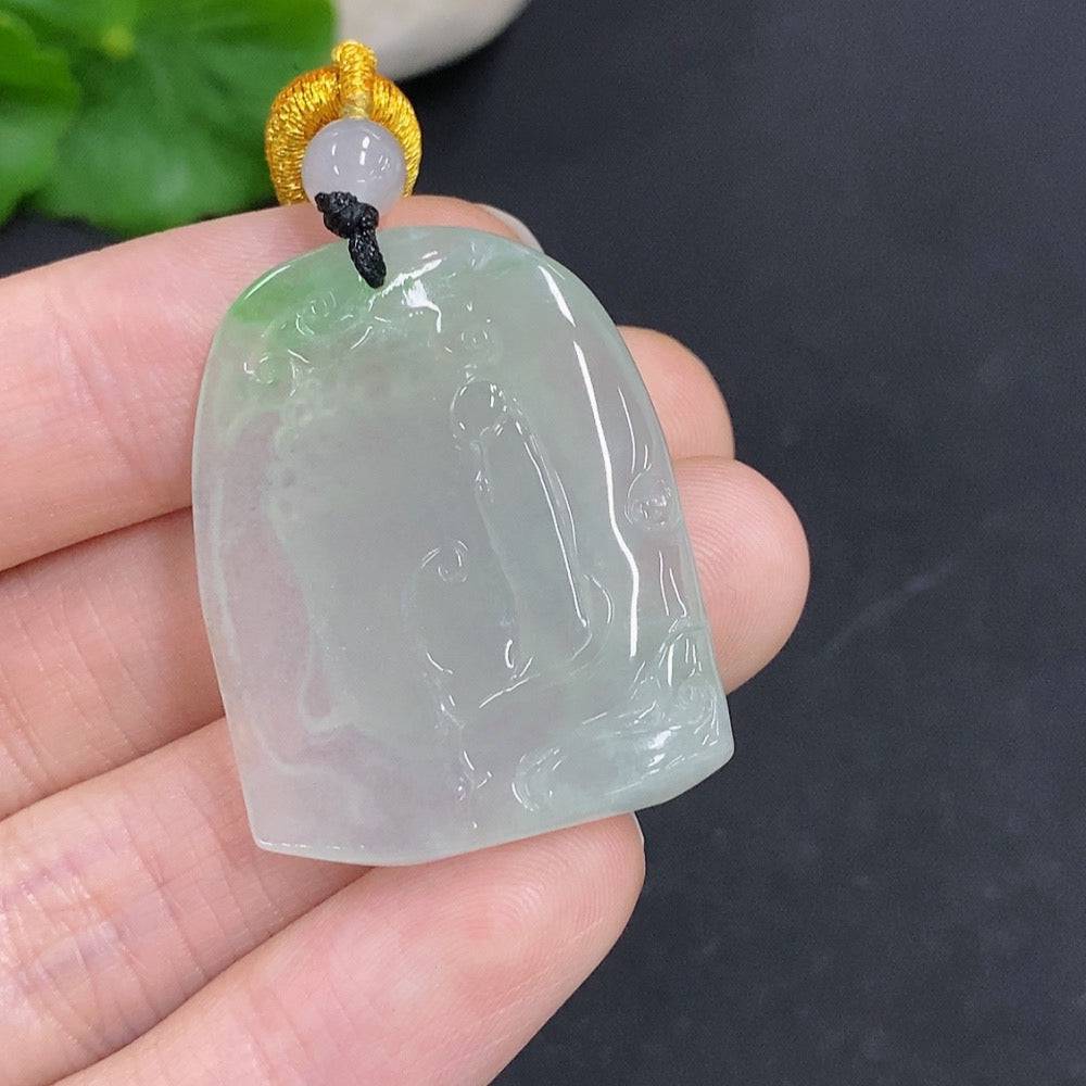 Jadeite Buddha pendant amulet with rope, weighing approximately 14.1g, crafted by HUILIU HQ, featuring detailed Buddha design.