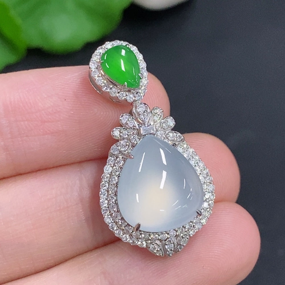 Jadeite water drop pendant necklace by HKHQ featuring 18K gold and diamond accents, hanging on a delicate chain.