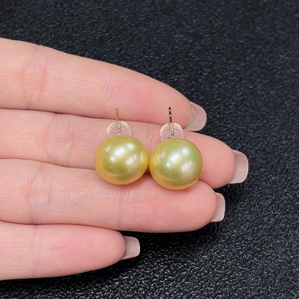 HUILIU HQ seawater pearl earrings with 18K gold color, 12.6mm pearls, total weight 5.54g, natural pearl jewelry.