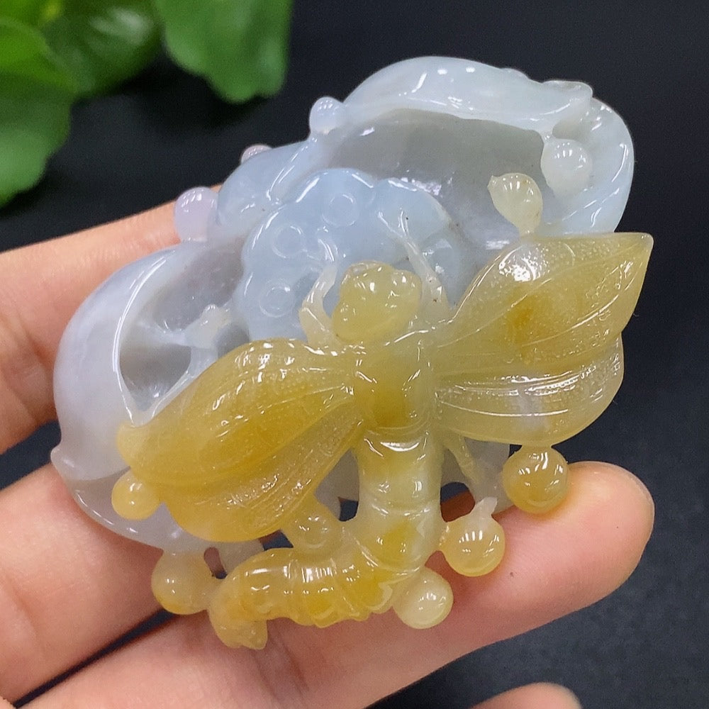 Jadeite Dragonfly Pendant, color origin undetermined | Huiliu Certified