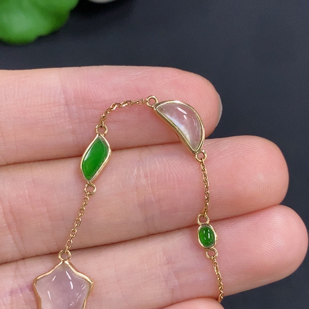 Jadeite inlaid bracelet with 18k gold, featuring green non-A grade jade stones and a delicate, elegant design.
