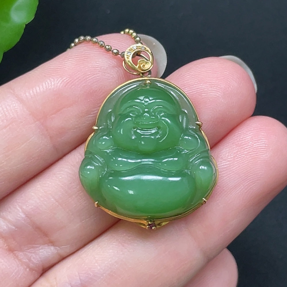 Hetian Jade Buddha Pendant in 18K Gold with Non-Gold Chain