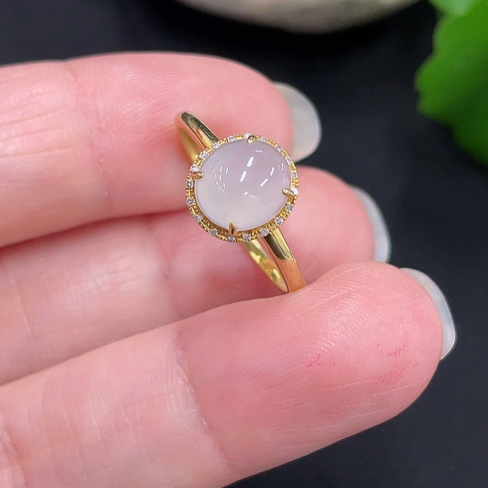 Jadeite Cabochon Ring with 18K Gold Size 14 Total Weight Approx. 1.2g (Accented with Diamonds)