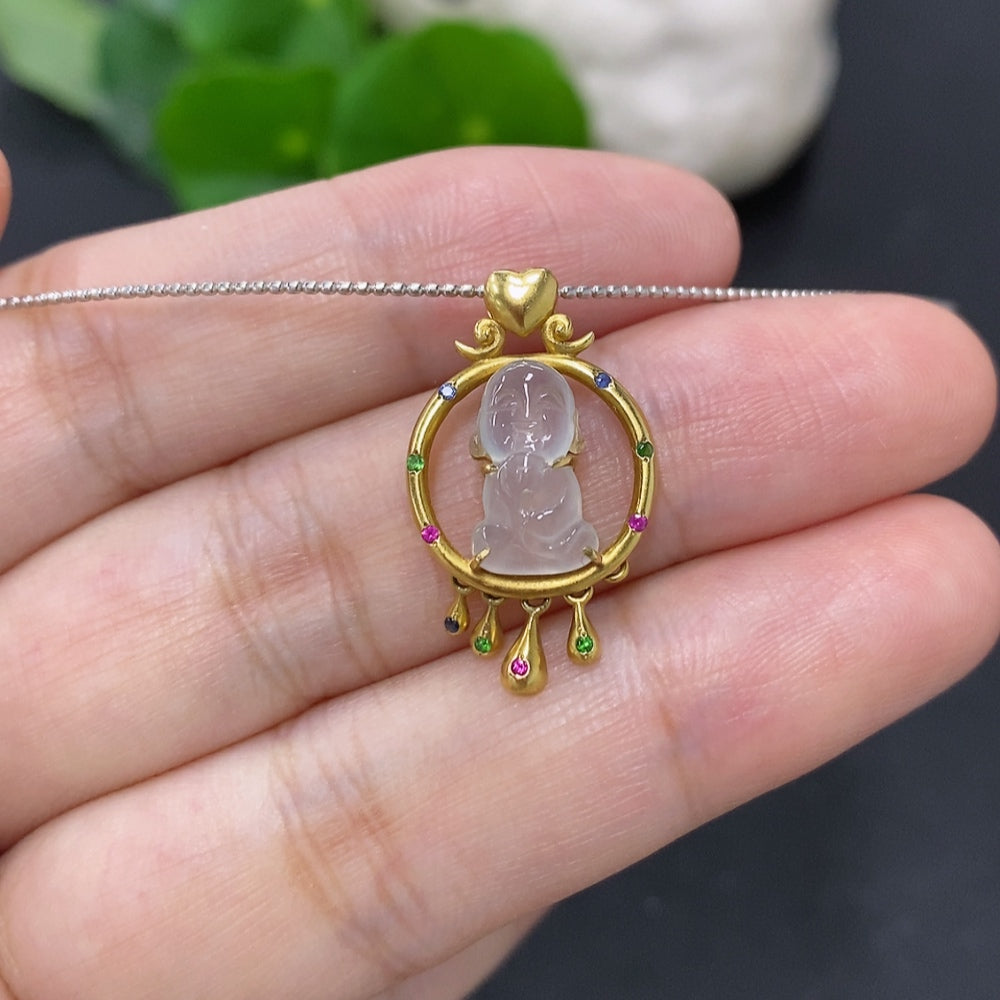 Jadeite inlaid pendant with 18K gold rope setting, crafted by HKHQ, featuring a polished green jade stone.
