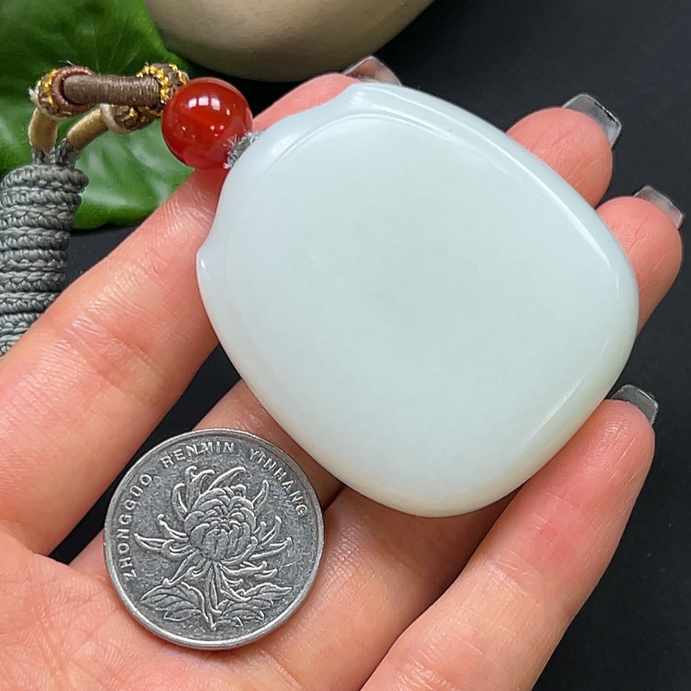 Hetian jade plain pendant necklace with rope chain, weighs 61.16g, featuring smooth, polished jade in a natural green hue.
