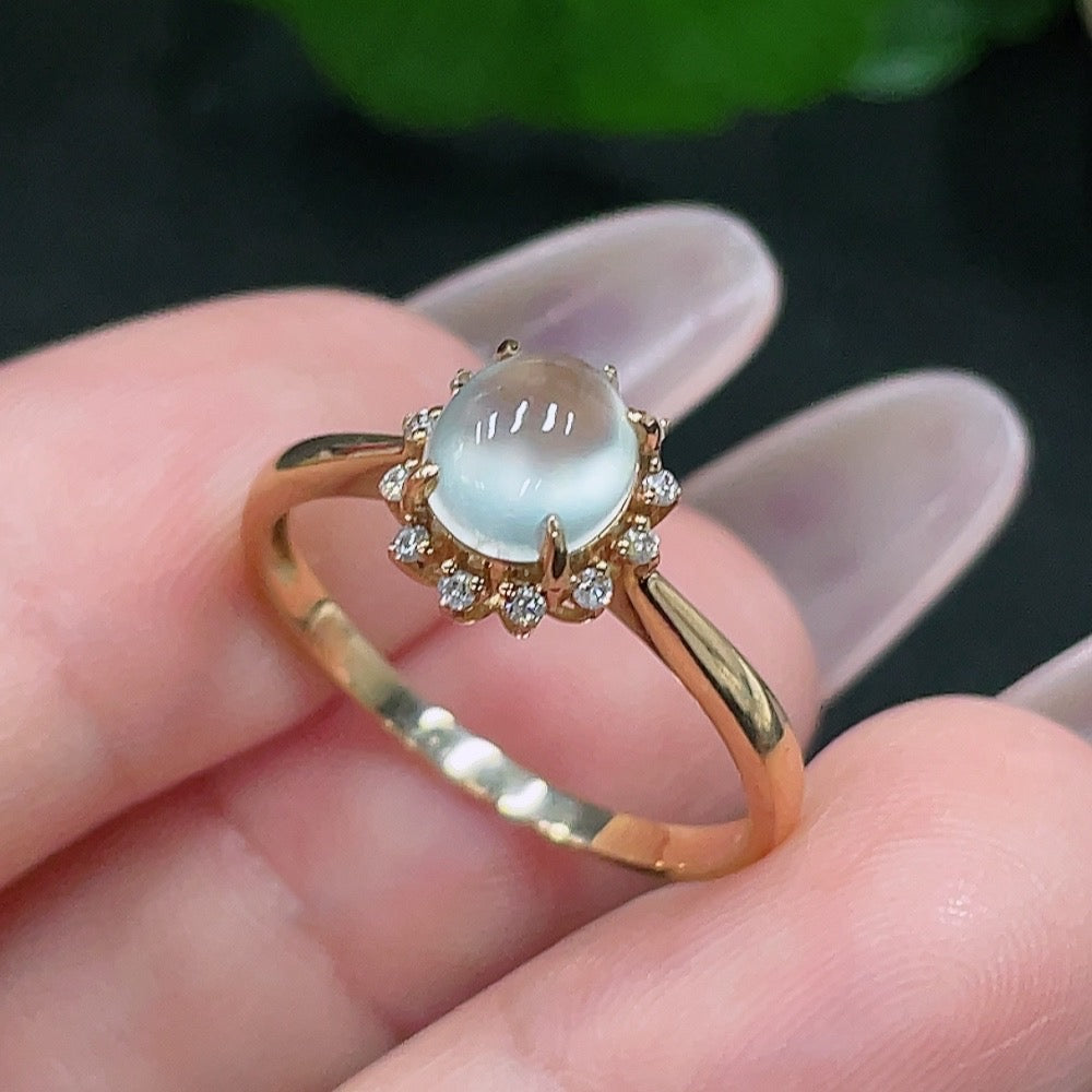 Jadeite inlaid ring with diamond accents, size 17, 73% gold, from HUILIU HQ, featuring a polished jade gemstone and gold band