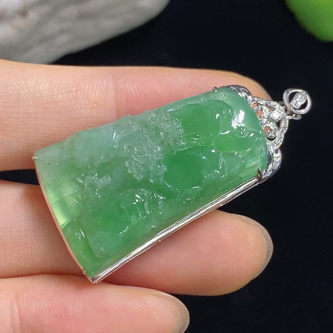 Jadeite Landscape Inlaid Pendant 18K with Diamond Accents