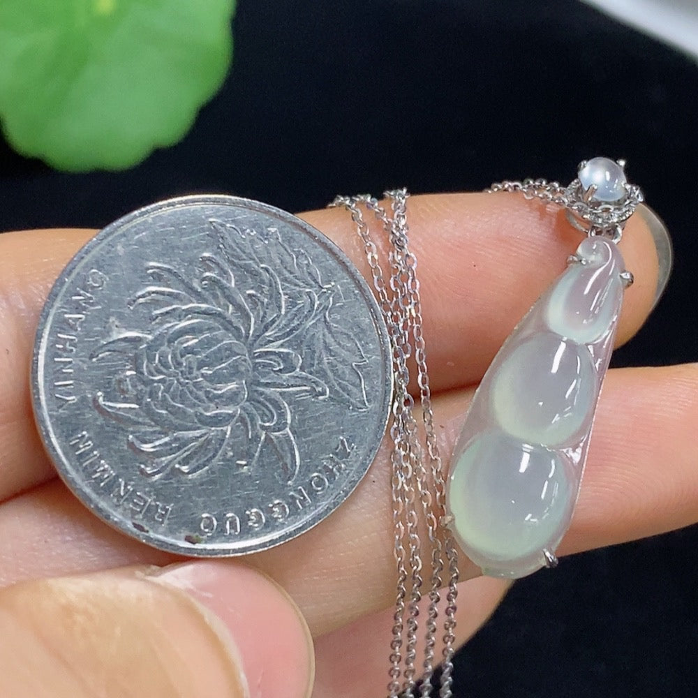 Jadeite Auspicious Bean Pendant with 18K Gold and Diamond Accents, Total Weight Approx. 2.78g (Including Chain)