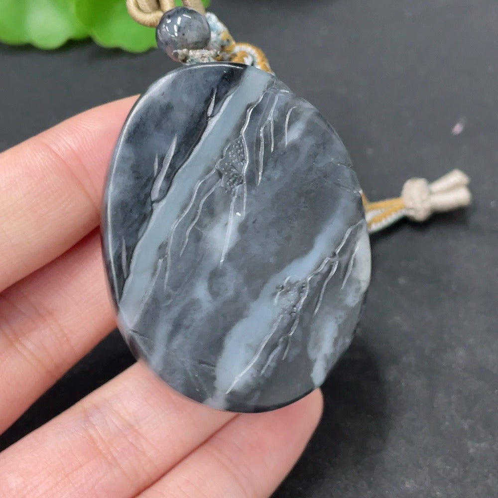 HKHQ Hetian jade pendant featuring a landscape design, includes rope, weighs approximately 54g, with undetermined skin tone.