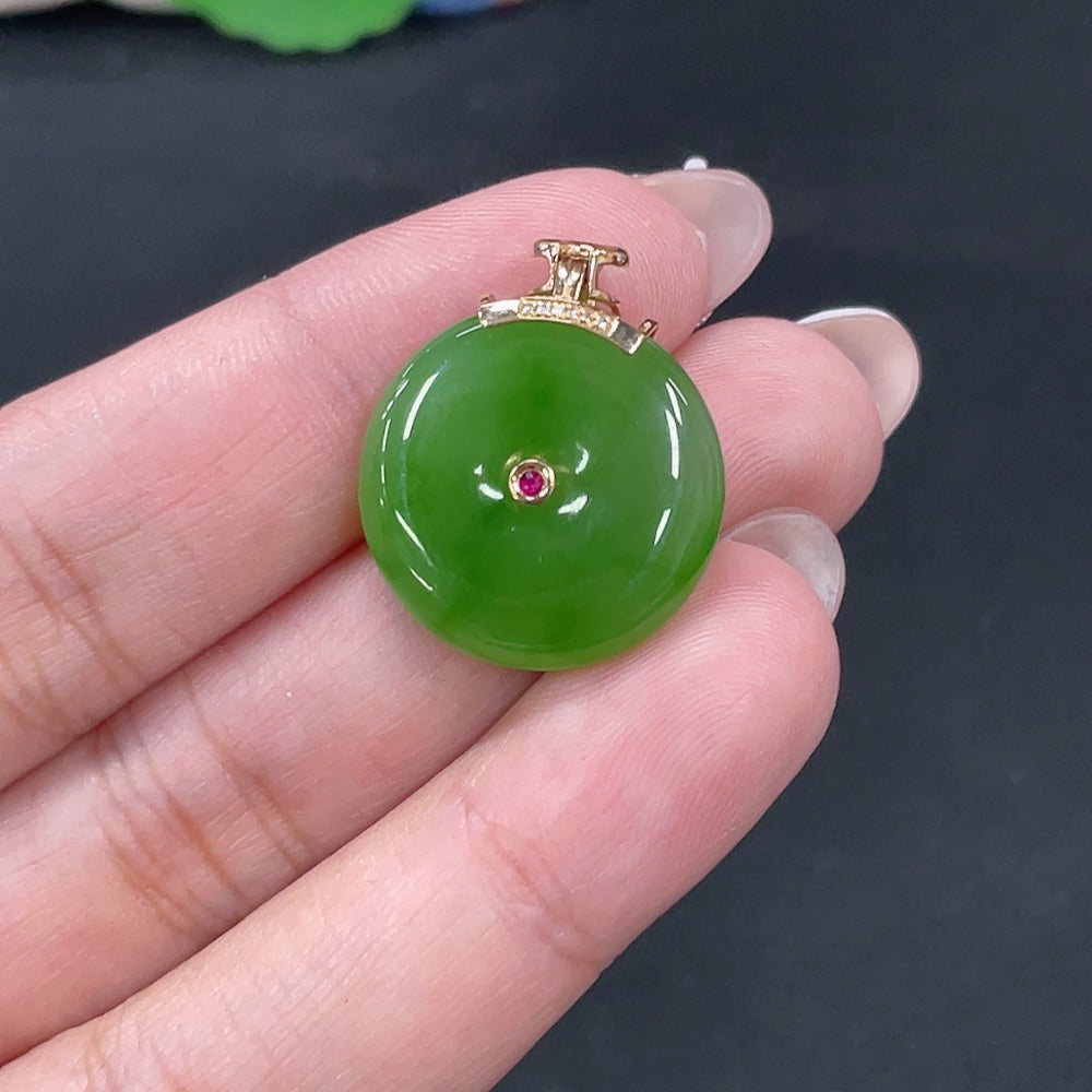 Hetian Jade Inlaid Pendant Peace Buckle Total Weight Approx.5.6g 18k Set with Colorless Diamonds