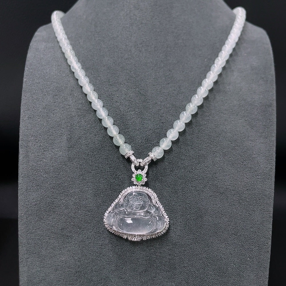 Jadeite Inlaid Buddha Pendant with 18K Gold and Diamond Accents