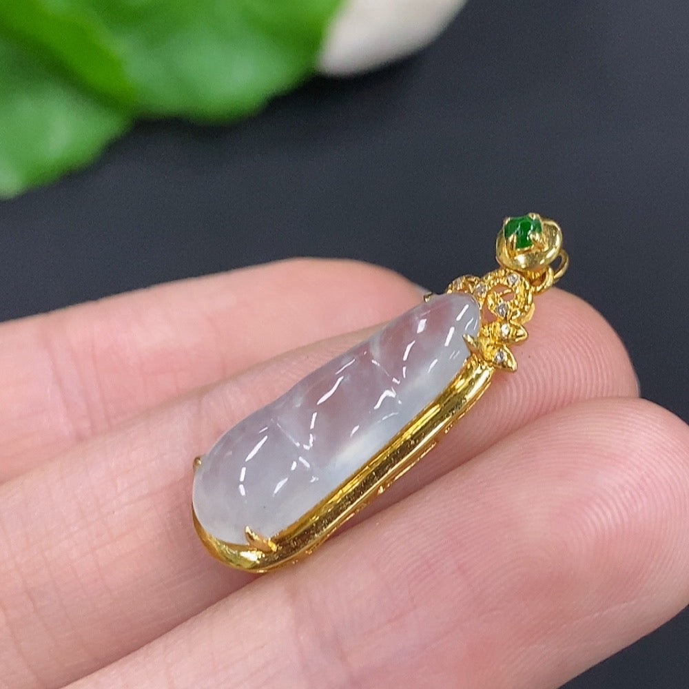 Huiliu Jadeite auspicious bean pendant set with diamond accents on chain, featuring polished green jade and Huiliu certification.
