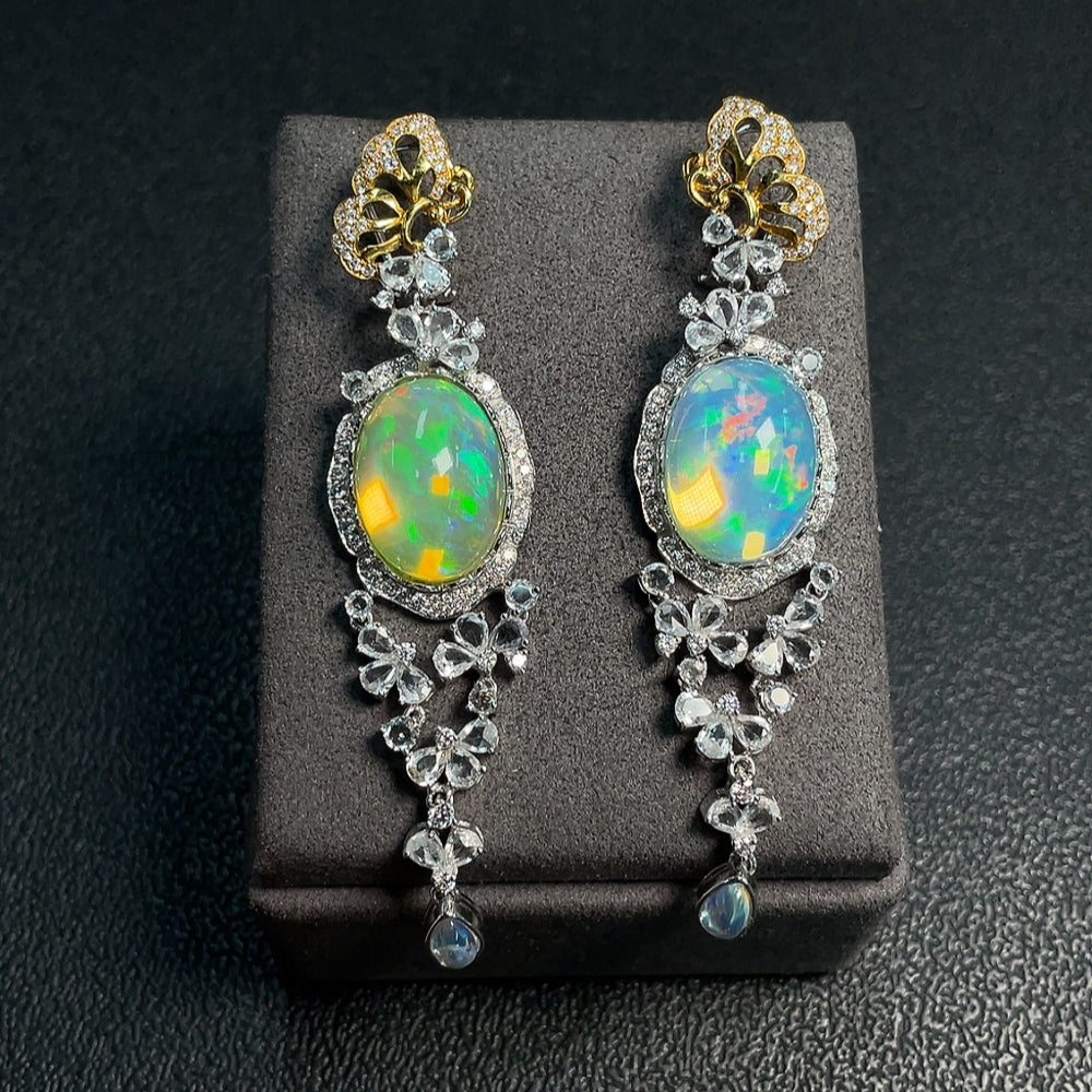 18K Opal Earrings, Color Origin Undetermined, Accent Stones Possibly Non-Natural, Diamond Accents Only Minimal Side Stones, Total Weight Approx. 27.88g