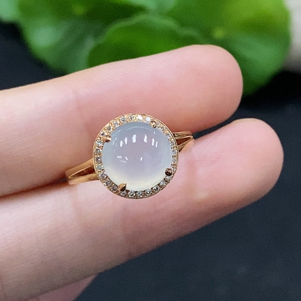 Jadeite Cabochon Solitaire Ring in, with Diamond Accents, . | Huiliu Certified