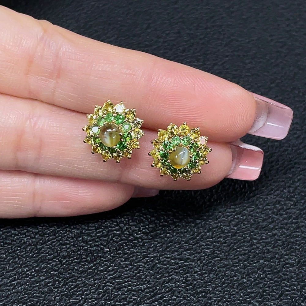 Chrysoberyl Ear Studs Only Cabochon 18K Gold Total Weight Approx. 4.17g