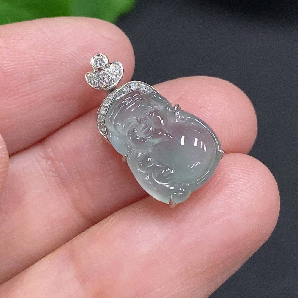 Jadeite Maitreya pendant with inlaid diamonds, 18k gold, from HUILIU HQ, showing intricate design and polished finish.