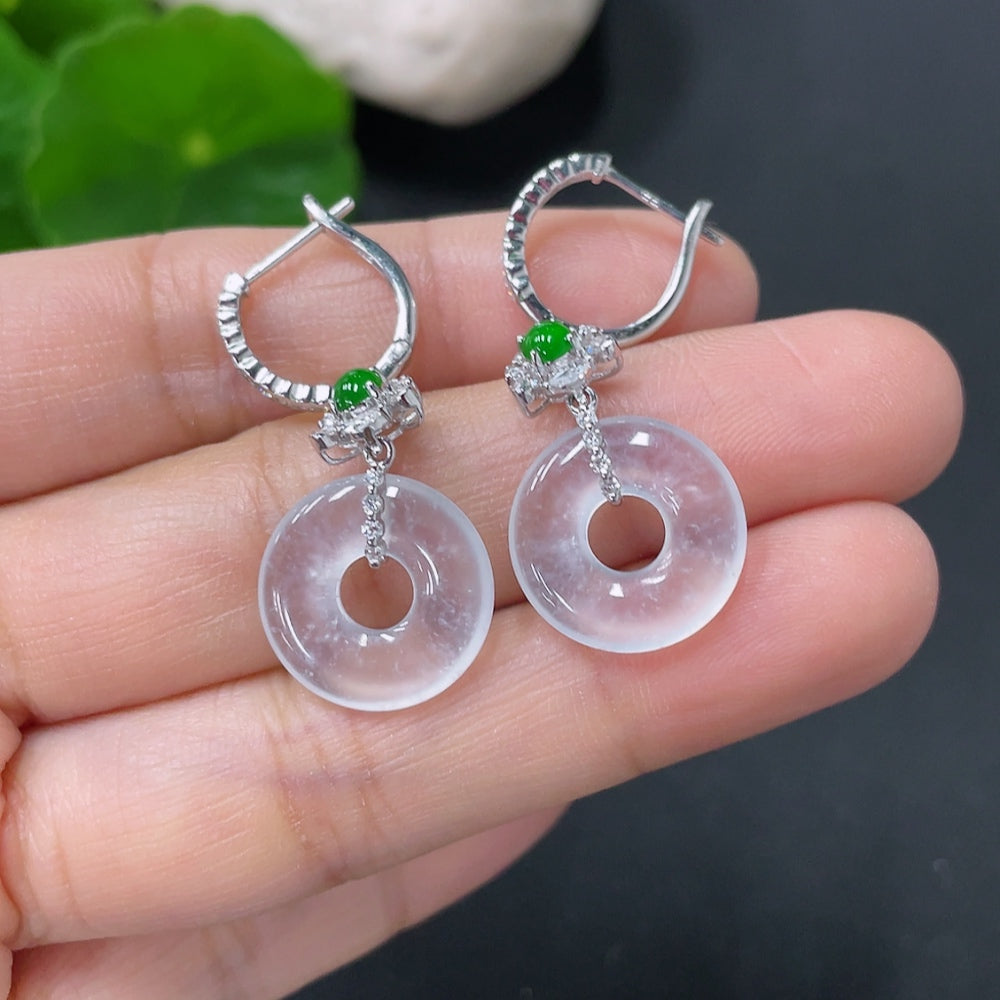 HUILIU HQ jadeite earrings set in 18k gold with diamond accents, showcasing elegant green jade stones and sparkling diamonds.