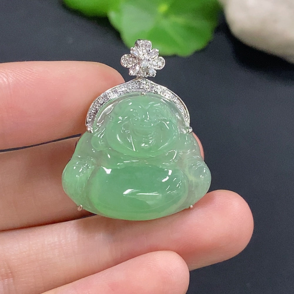Jadeite Buddha pendant necklace with 18k gold and diamond accents, HKHQ jewelry, showing the detailed pendant and chain.
