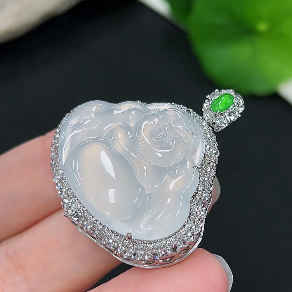 Jadeite Buddha Pendant with 18K Gold Mount, Total Weight Approx. 11.2g (Diamond Accented)