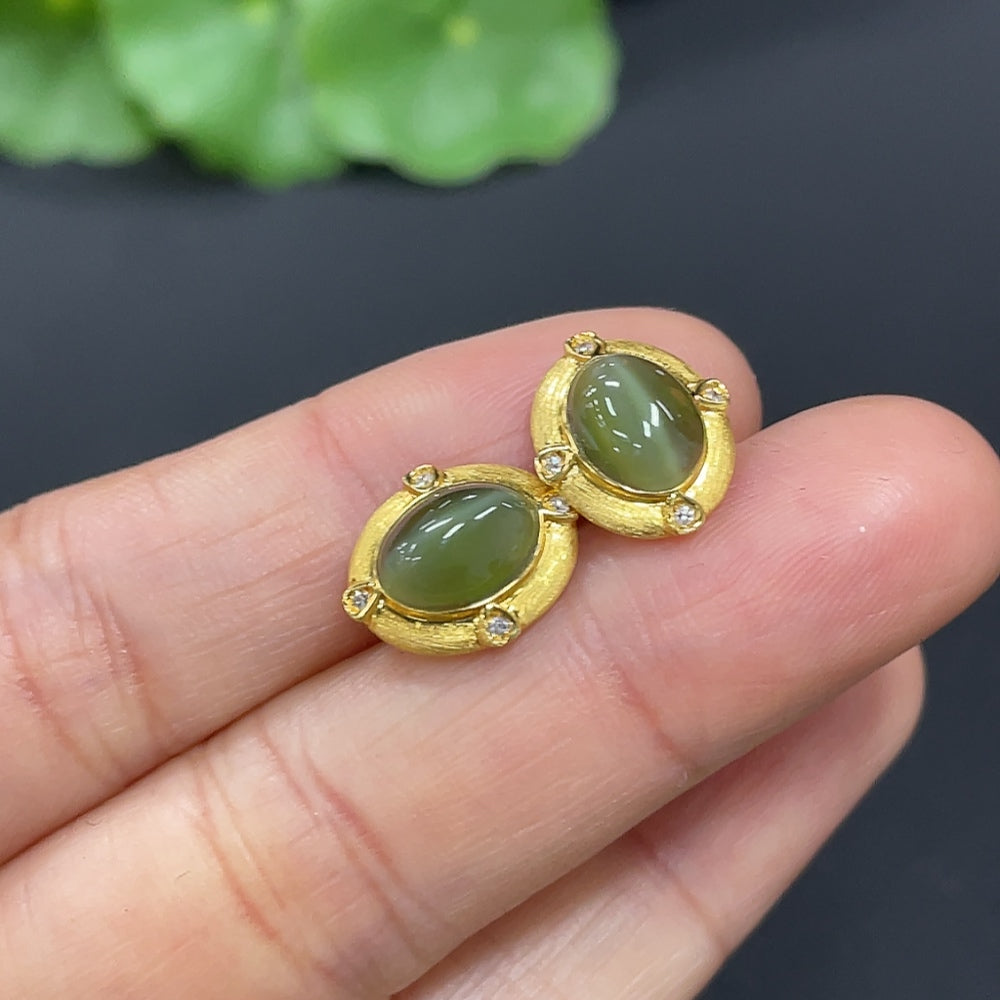 Hetian Jade Jasper Inlaid Earrings, 18k Gold, Total Weight Approx. 1.4g, Non-Diamond