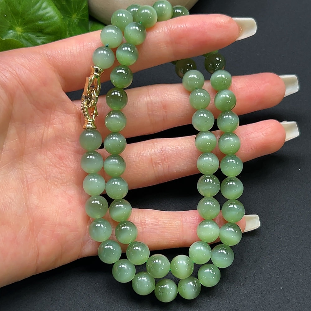 HKHQ Hetian Jade Bead Chain necklace with 8mm non-gold beads, showcasing smooth, polished jade beads on a stylish chain.
