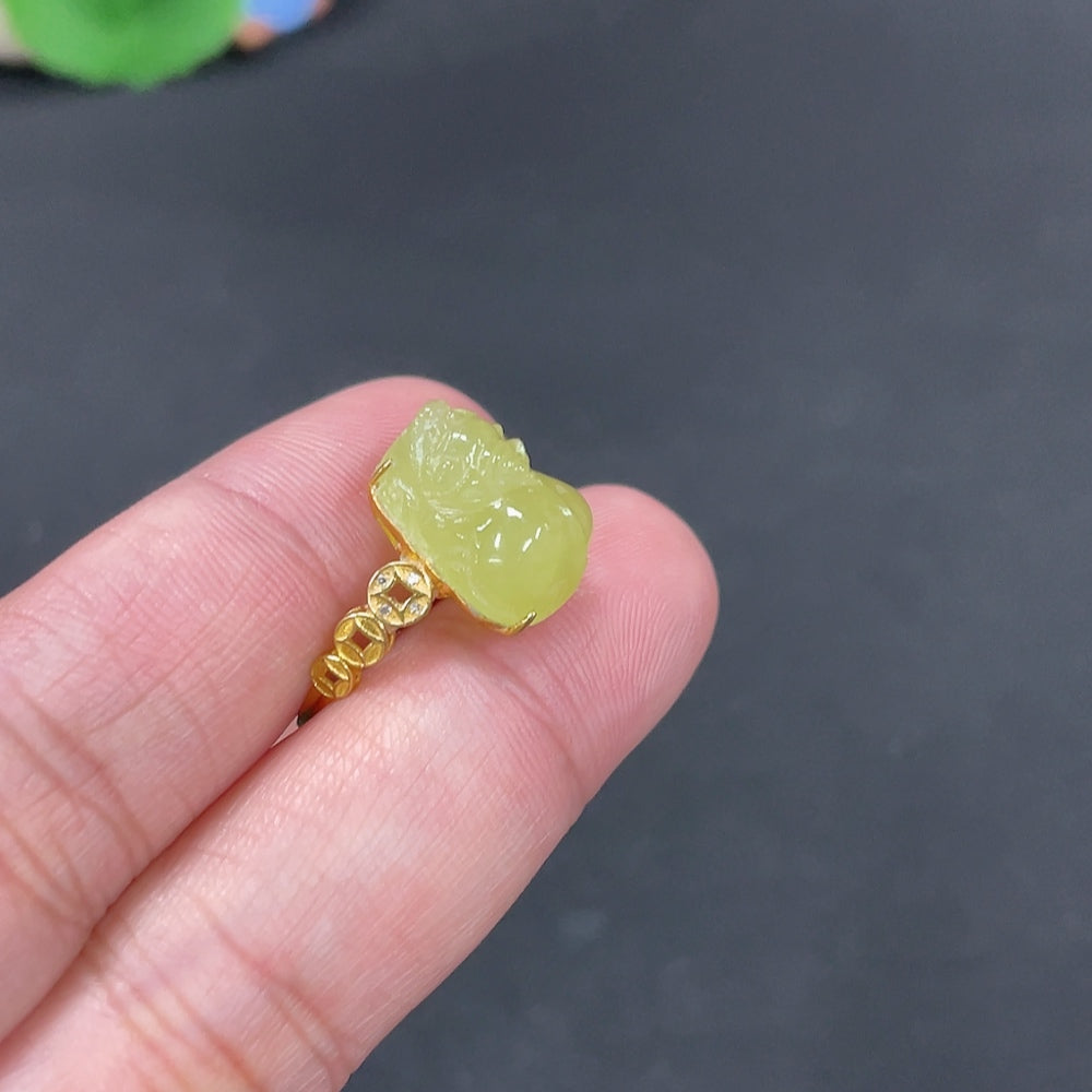 Hetian Jade Inlaid Ring Pixiu Size 13 Total Weight Approx. 2.7g 18k Non-Diamond