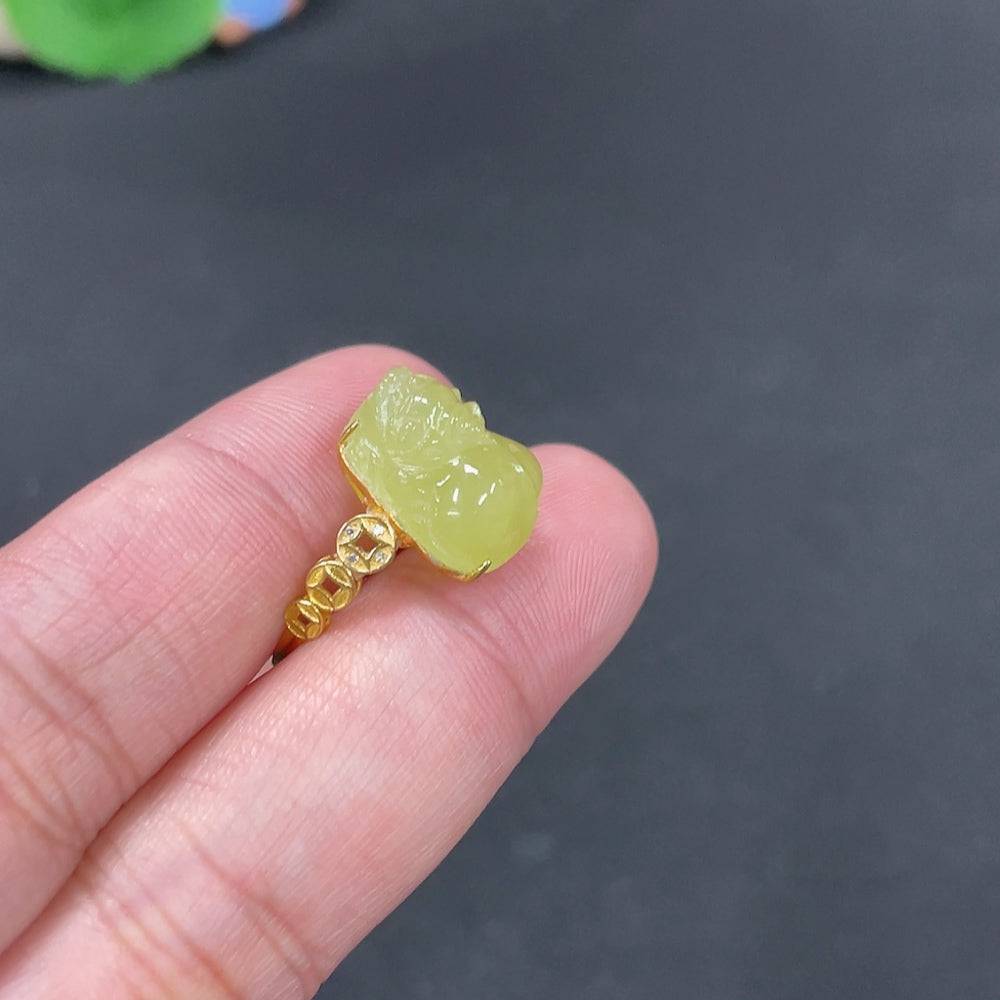 Hetian jade inlaid ring with Pixiu design, size 13, 18k non-diamond jewelry, showcasing intricate jade craftsmanship.