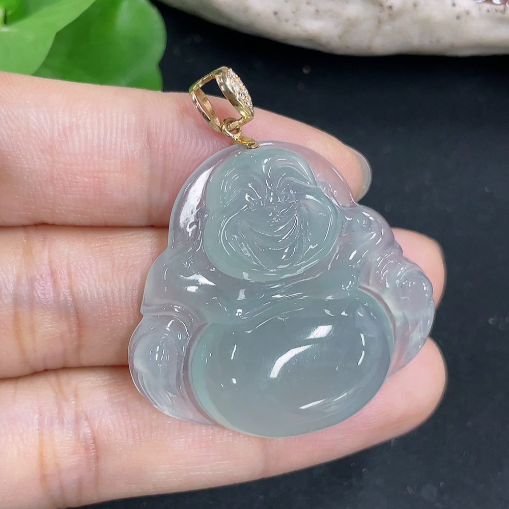 Jadeite Buddha pendant necklace with 18K gold and diamond accents, showcasing intricate craftsmanship and elegant design.