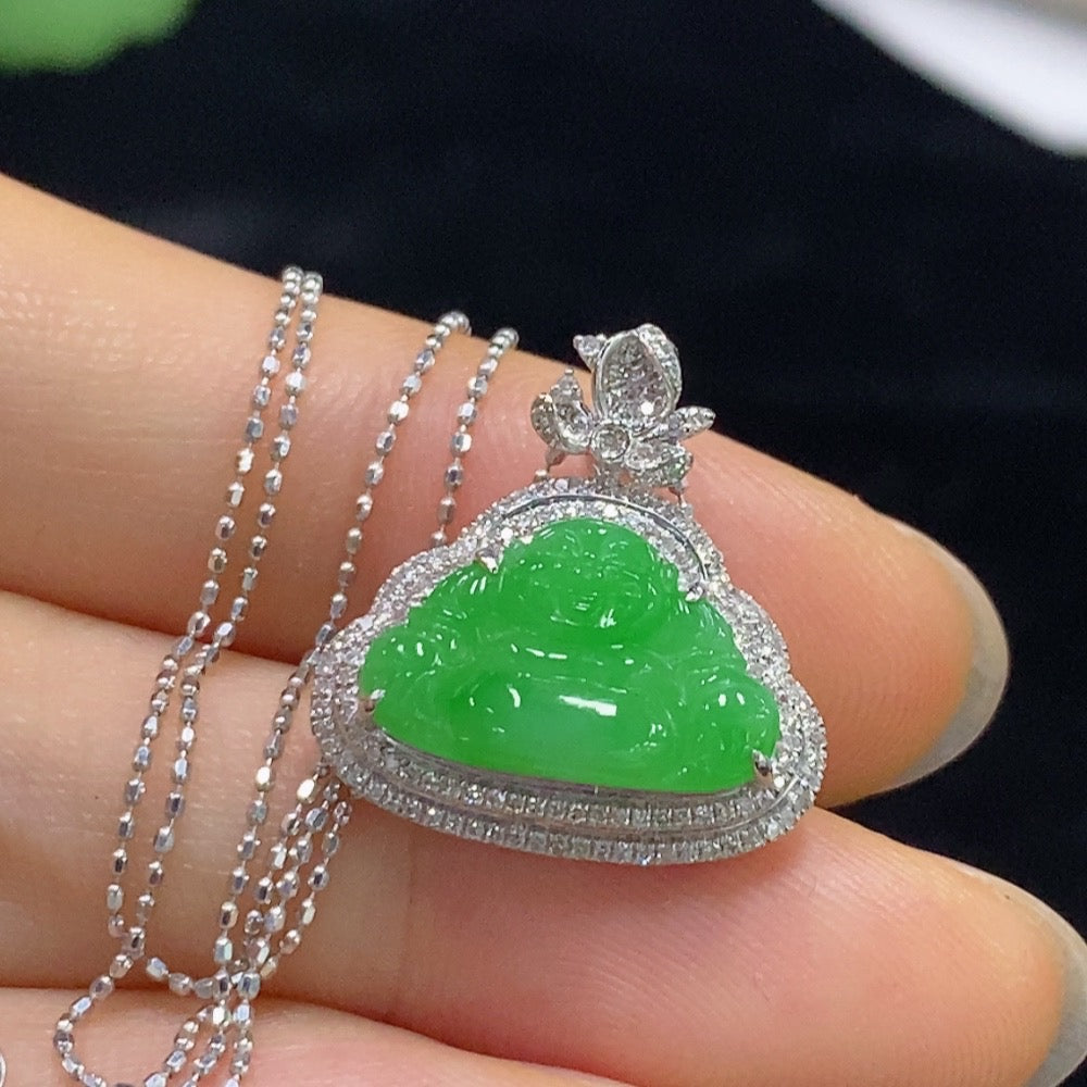 Jadeite Buddha Pendant Set with 18K Gold and Diamonds