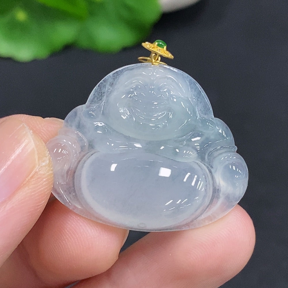 Jadeite Buddha pendant with 18k gold clasp, crafted from jade, weighing approximately 6g, by HUILIU HQ.