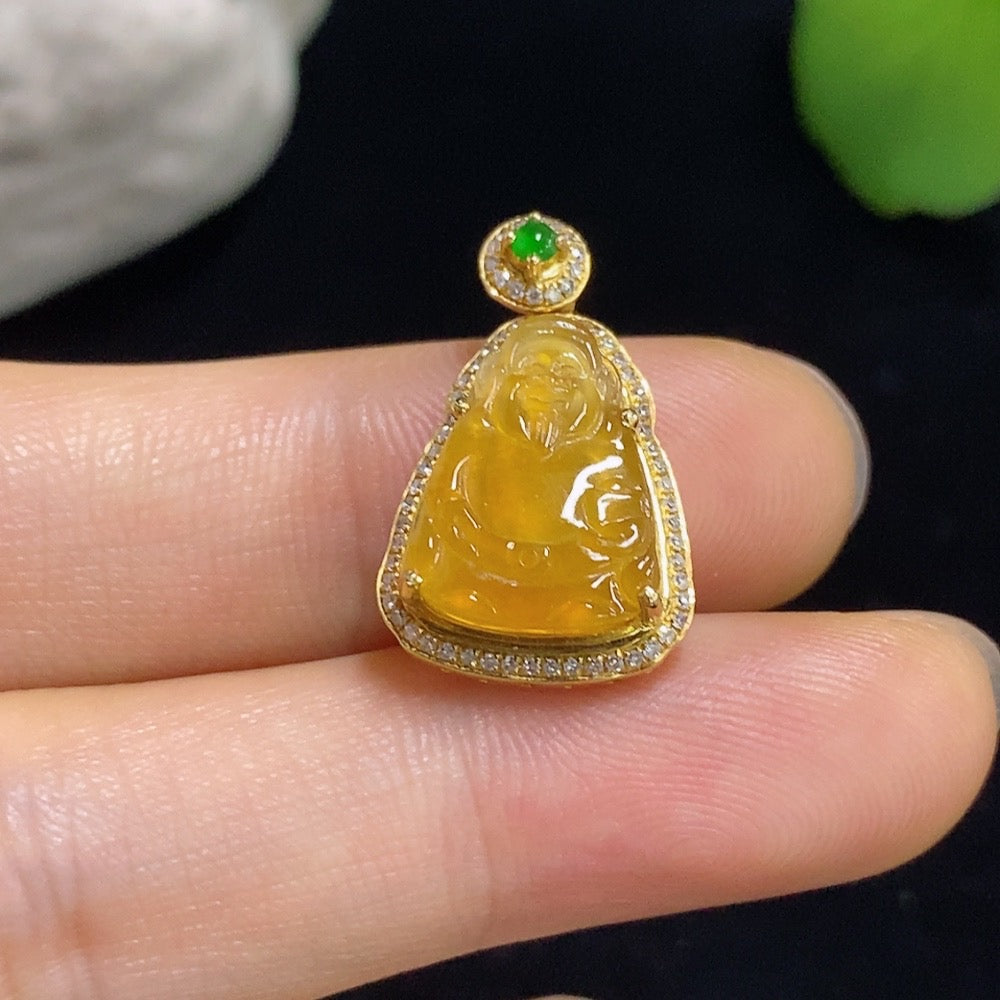 Jadeite Wealth God pendant with 18K gold and diamond accents, crafted from jade, weight 2.25g, natural color variations.