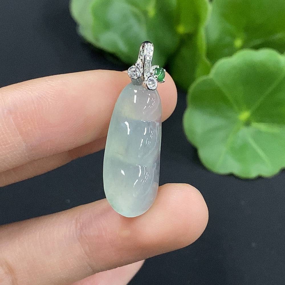 Huiliu Jadeite Lucky Bean pendant with diamond accents, glossy green jade gemstone, photographed against a neutral background.