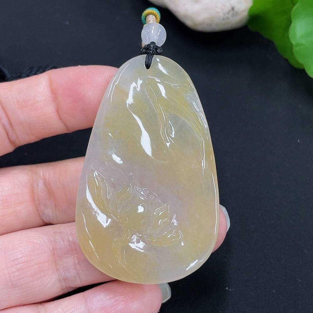 Huiliu Jadeite lotus leaf fish pendant with non-A grade beads, crafted from green jade, featuring intricate leaf and fish design.