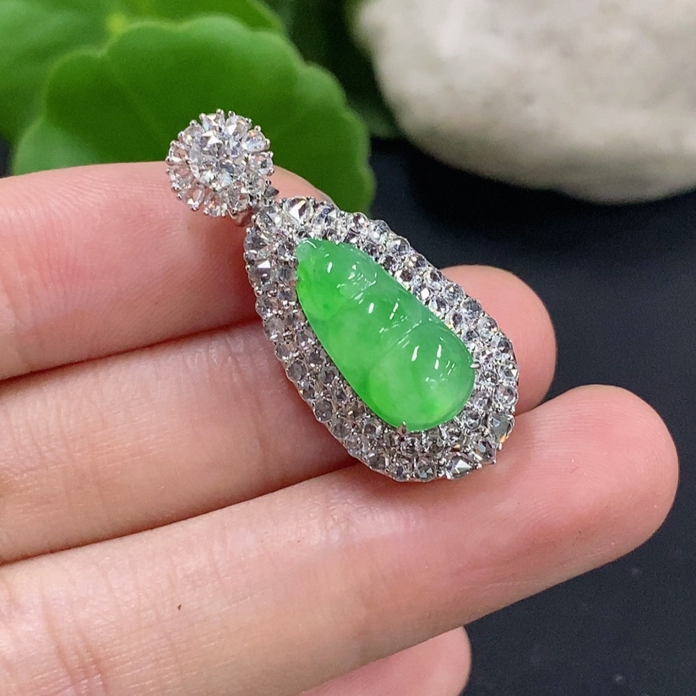 Jadeite lucky bean pendant necklace with 18K gold and diamond accents, featuring detailed craftsmanship and vibrant green jade.