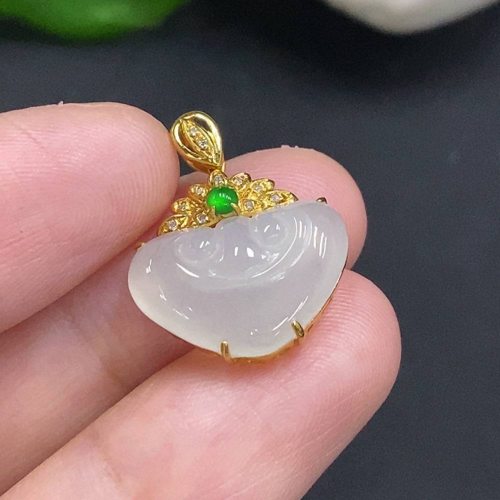 Huiliu Jadeite Ruyi pendant with diamond accents, featuring intricate inlay work and a polished jade surface.