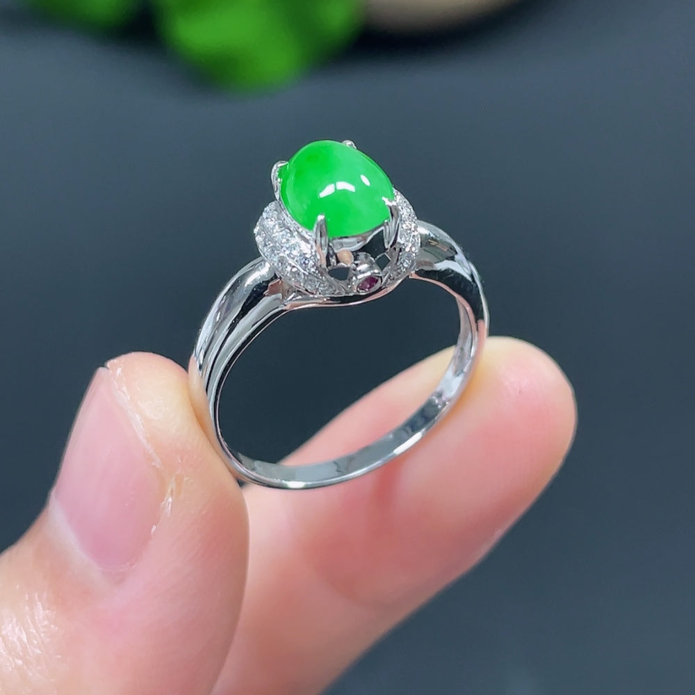 Jadeite Cabochon Solitaire Ring, 18K with Diamond Accents