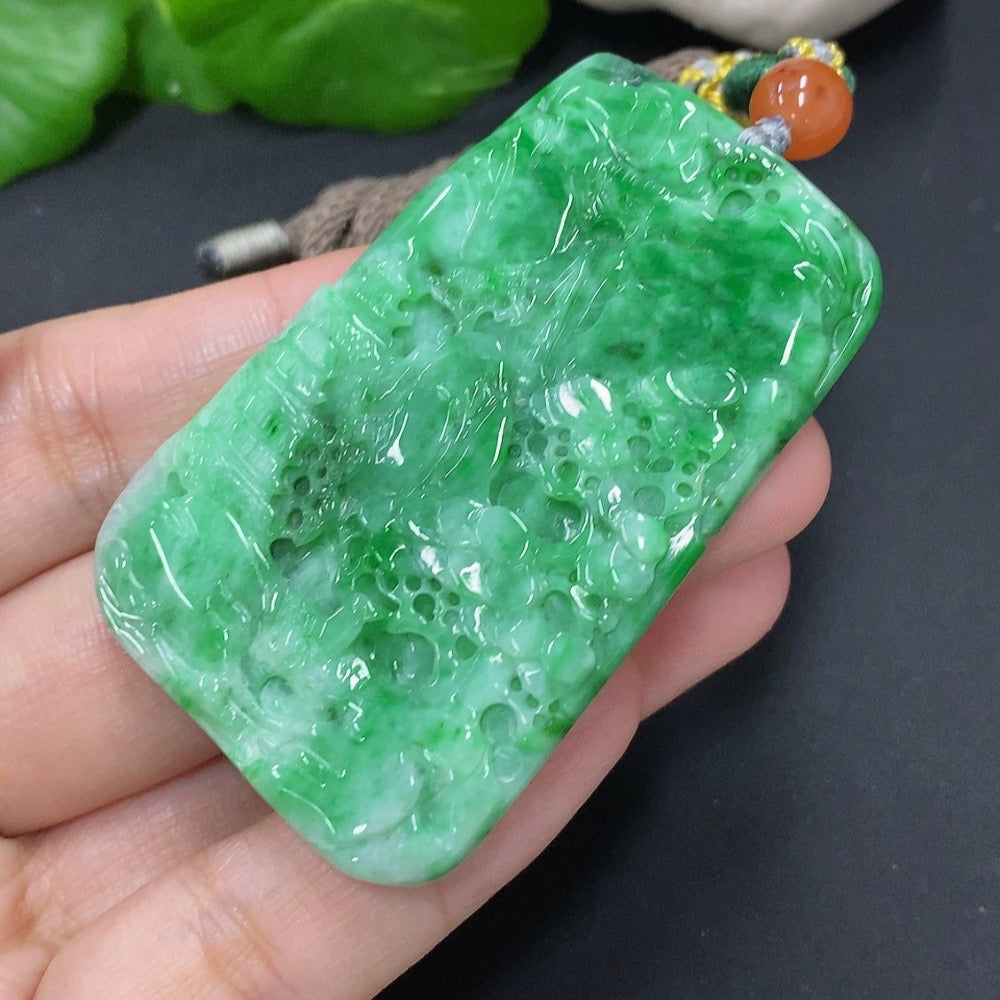 Jadeite landscape pendant with rope, handcrafted jade jewelry by HKHQ, weighs approximately 32.6g.
