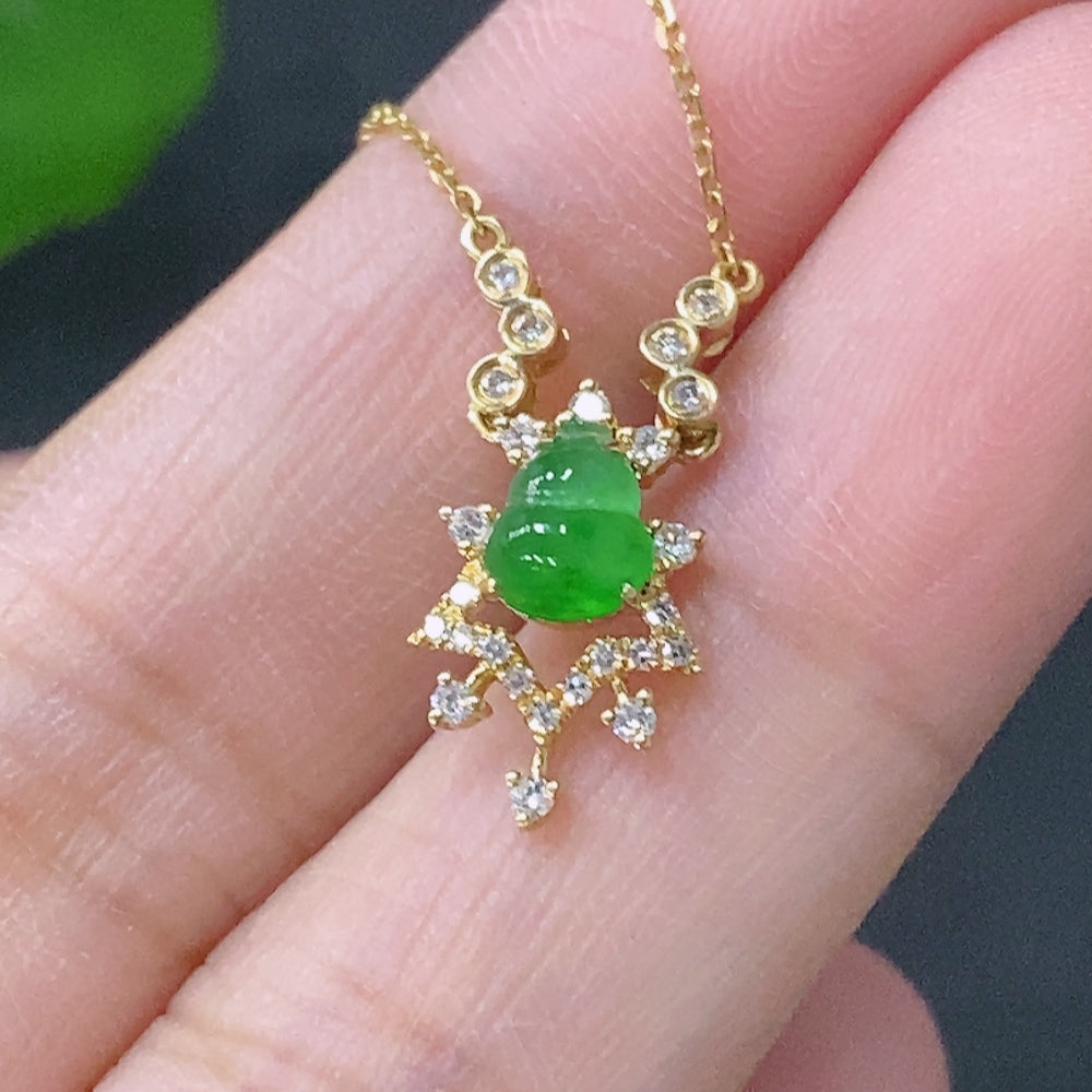 Jadeite Pendant with 18K Gold and Diamond Accents, Total Weight Approx. 2.25g (Including Chain)