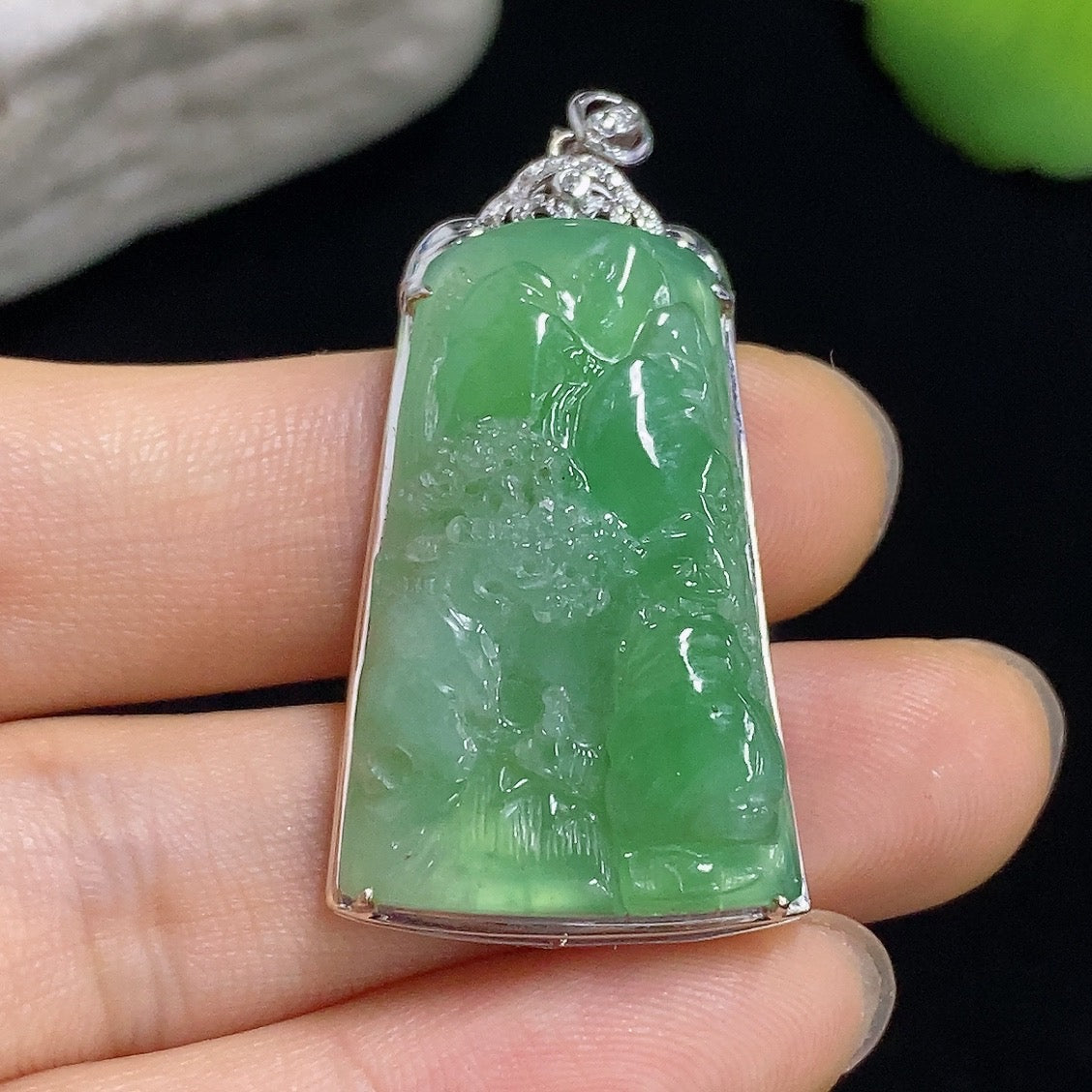 Jadeite Landscape Inlaid Pendant 18K with Diamond Accents