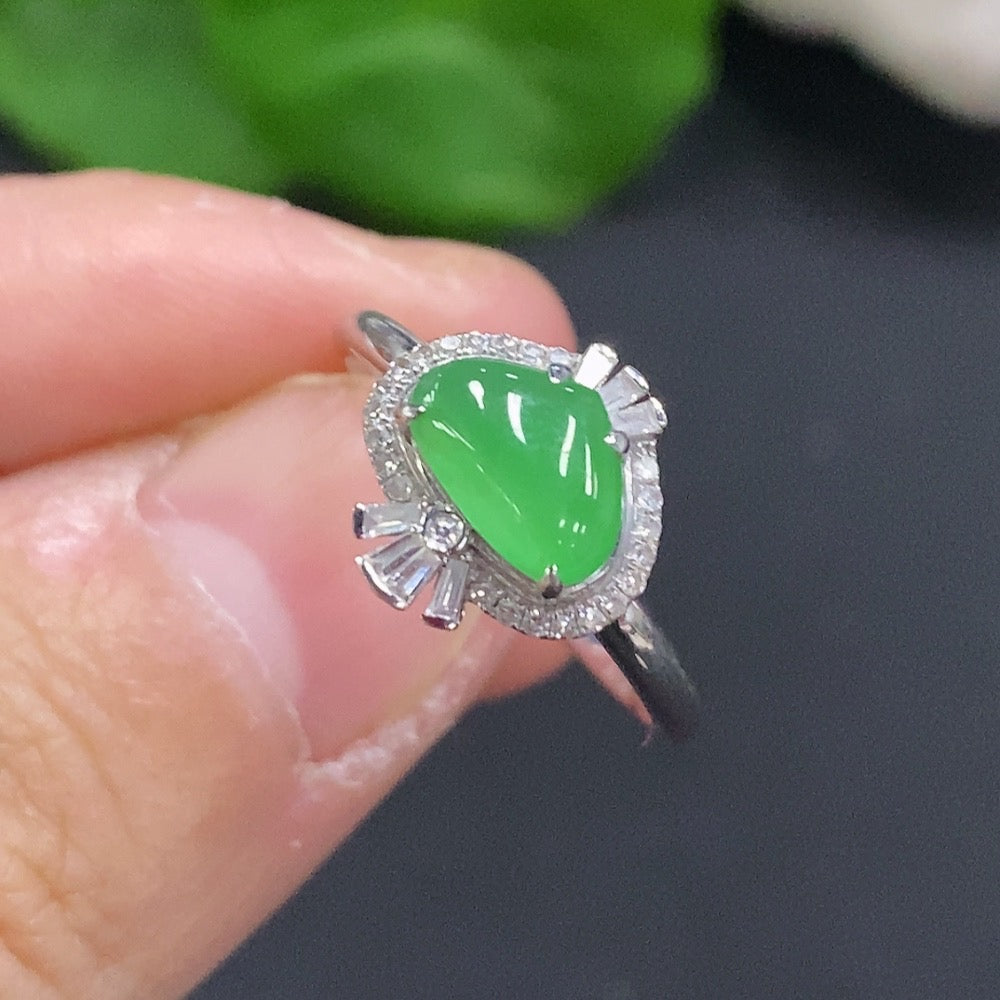 Jadeite Cabochon Ring . with Diamond Accents | Huiliu Certified