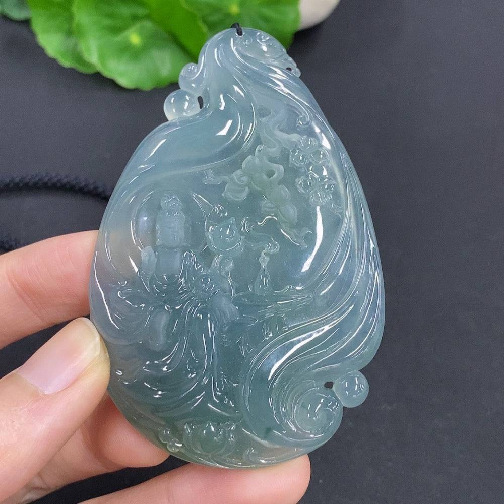 HUILIU HQ jadeite Guanyin pendant weighing 58.5g with rope and non-jadeite beads, showcasing detailed carved religious figure.