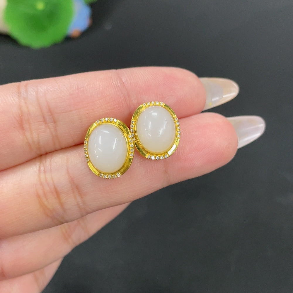 Hetian Jade Inlaid Earrings Total Weight Approx. 3.5g 18k with Diamond Accents