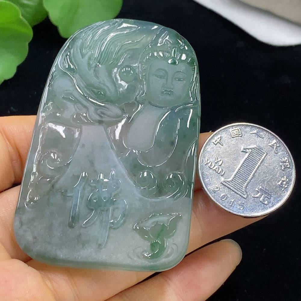 Jadeite Guanyin pendant weighing approximately 39.33g, crafted from green jade, featuring detailed Guanyin figure, by HUILIU HQ.