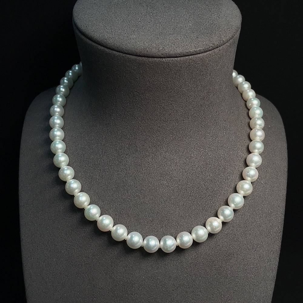 HUILIU HQ seawater pearl strand with 8.4mm pearls, non-gold setting, weighing about 47.37g, showcasing elegant pearl jewelry.
