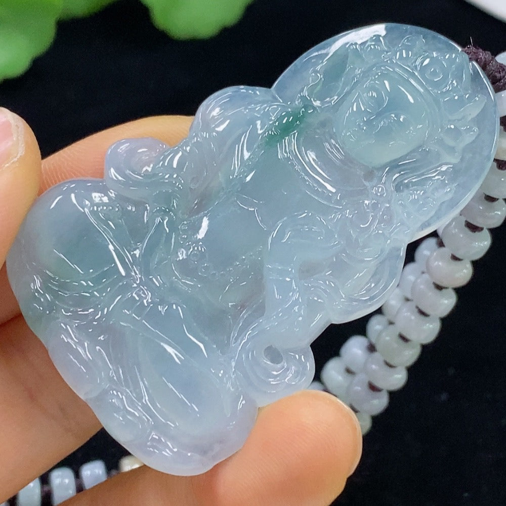 Huiliu Jadeite Tara pendant with intricate carvings, showcasing vibrant green jade stone, certified by Huiliu HQ.