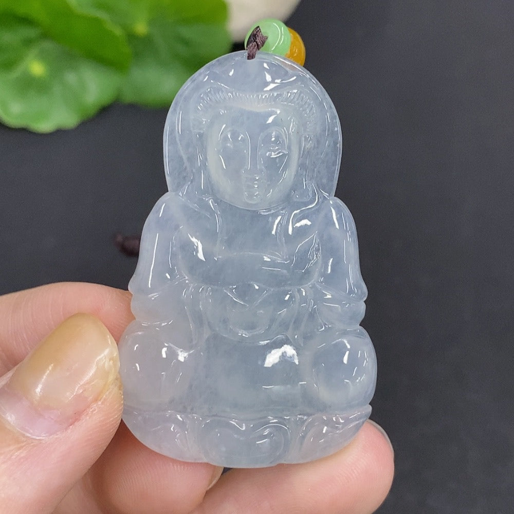 Huiliu Jadeite Guanyin pendant with rope weight, featuring detailed carved figure on smooth green jade, certified by Huiliu HQ.
