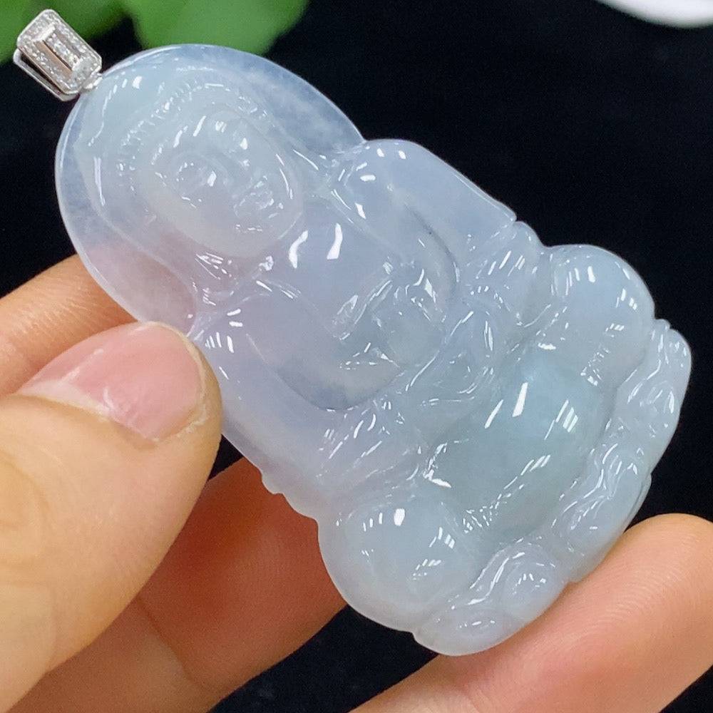 Huiliu Jadeite Guanyin pendant with diamond accents, carved jade figure, weighs approximately 17.22 grams, certified by HUILIU HQ.
