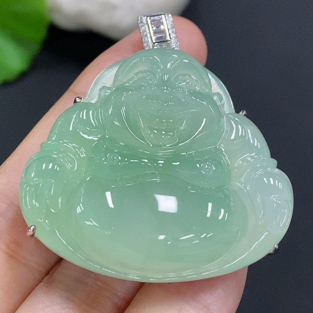 Jadeite Buddha Pendant with 18K Gold Setting, Total Weight Approx. 24.9g (Accented with Diamonds)