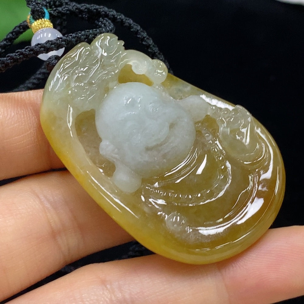 Jadeite Buddha Pendant . (including rope weight) with non-A grade beads | Huiliu Certified