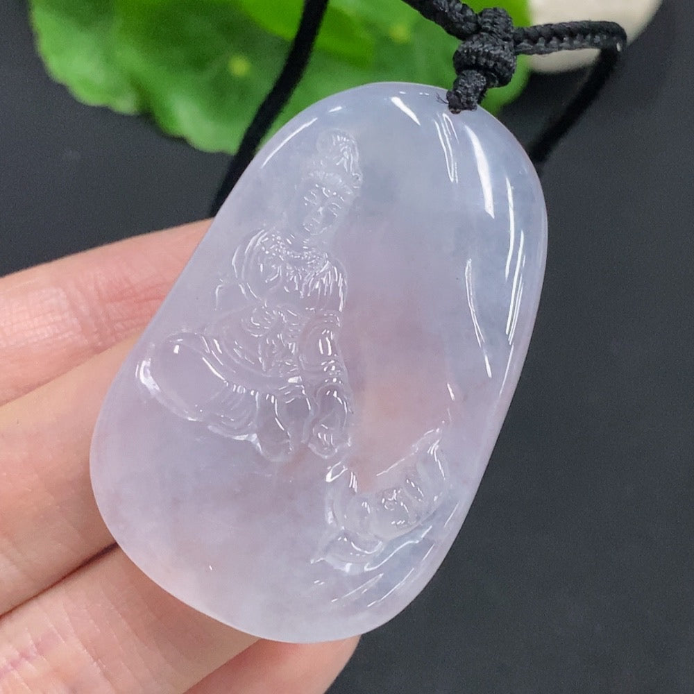 Jadeite Guanyin pendant from HUILIU HQ, carved jade figure with rope, weighing approximately 25.3 grams.